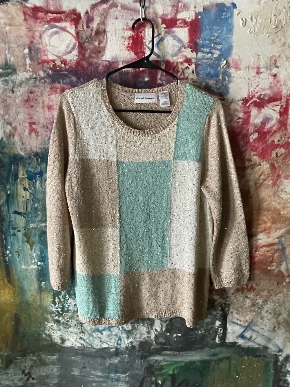 Alfred Dunner Cream & Mint Colorblock Knit Sweater